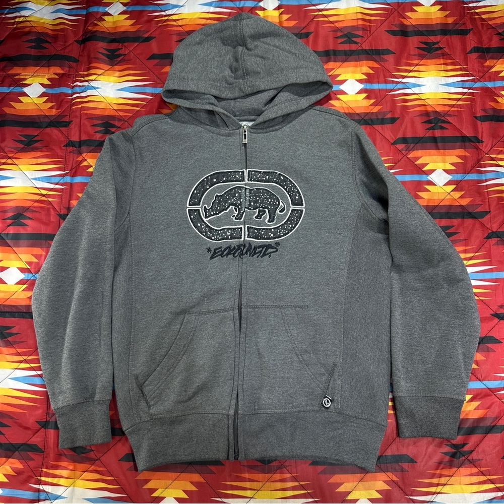 Ecko Unltd Gray Hoodie Full Zip Sweater Rhino Embroidered Grunge Hip Hop Mens XS - Picture 3 of 11